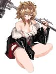  1girl animal_ears arknights bangs bare_shoulders black_jacket breasts brown_eyes brown_hair cleavage commentary eyebrows_visible_through_hair fur-trimmed_jacket fur_trim highres holding holding_weapon jacket jonyeld lion_ears long_sleeves looking_at_viewer medium_breasts mouth_hold off_shoulder open_clothes open_jacket over_shoulder red_shorts short_hair short_shorts shorts siege_(arknights) simple_background solo strap_slip tank_top thighs weapon weapon_over_shoulder white_background white_tank_top 