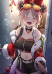  1girl bare_shoulders blush breasts choker closed_eyes commission double_bun gas_mask girls_frontline holding_hand large_breasts light_brown_hair navel off_shoulder official_alternate_costume open_mouth p90_(girls_frontline) pov short_hair short_shorts shorts skeb_commission skindentation smile solo_focus yaosera 