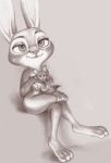  3_toes absurd_res anthro claws convenient_censorship crossed_legs disney feet female finger_claws fuchs half-closed_eyes hand_on_knee hand_on_leg hi_res holding_plushie judy_hopps lagomorph leporid mammal monochrome narrowed_eyes nude plushie rabbit simple_background sitting sketch solo thick_thighs toes traditional_media_(artwork) zootopia 
