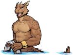  2020 abs anthro argonian bethesda_softworks biceps blue_sclera brown_body brown_scales cloth fangs hi_res holding_object horn horn_ring jrjresq male muscular muscular_anthro muscular_male nude open_mouth partially_submerged pecs scales scalie scar sharp_teeth simple_background solo spiked_tail spikes spikes_(anatomy) teeth the_elder_scrolls tongue triceps video_games water white_background wristband 