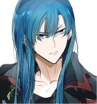  1boy bangs black_order_uniform blue_eyes blue_hair closed_mouth collarbone d.gray-man hair_between_eyes kanda_yuu long_hair male_focus portrait shiny shiny_hair shumiko_(kamenokoueki) simple_background solo straight_hair white_background 