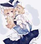  2girls alice_margatroid alice_margatroid_(pc-98) apron back_bow bangs black_dress blonde_hair blue_bow blue_eyes blue_footwear blue_hairband blue_neckwear blue_skirt bow braid carrying dress frilled_dress frills hair_bow hairband hat hat_bow heart kirisame_marisa long_hair multiple_girls neck_ribbon piggyback puffy_short_sleeves puffy_sleeves ribbon shirt shoes short_hair short_sleeves simple_background single_braid skirt smile sorani_(kaeru0768) touhou touhou_(pc-98) waist_apron white_background white_bow white_legwear white_shirt witch_hat yellow_eyes younger 