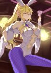  1girl absurdres animal_ears artoria_pendragon_(all) artoria_pendragon_(swimsuit_ruler)_(fate) blonde_hair blue_legwear blue_neckwear braid bunny_ears card casino clothing_cutout cowboy_shot crystal46311 detached_collar eyebrows_visible_through_hair fate/grand_order fate_(series) feather_boa fishnet_legwear fishnets french_braid green_eyes highleg highleg_leotard highres leotard looking_at_viewer navel_cutout playboy_bunny playing_card ponytail smile solo tiara white_leotard wrist_cuffs 