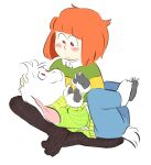 2018 4_fingers ambiguous_gender anthro asriel_dreemurr barefoot biped blush boss_monster bottomwear bovid caprine chara_(undertale) claws clothing crossed_legs denim denim_clothing digital_media_(artwork) duo eye_contact feet fingers fur green_clothing green_shirt green_topwear hair hand_on_head hi_res human jeans looking_at_another male mammal orange_hair pants pattern_clothing pattern_shirt pattern_topwear plantigrade red_eyes shirt short_tail simple_background sitting smile striped_clothing striped_shirt striped_topwear stripes tan_body tan_skin topwear twolipt undertale video_games white_background white_body white_fur 