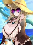  1girl animal_ear_fluff animal_ears arknights ball bangs beach beachball bikini bikini_top blonde_hair braid breasts cat_ears cleavage eyebrows_visible_through_hair hat highres huge_breasts jewelry kirishina_(raindrop-050928) necklace open_clothes open_mouth parted_lips purple_eyes snake_tail solo striped sun_hat sunglasses swimsuit tail tinted_eyewear twin_braids twintails upper_body utage_(arknights) utage_(summer_flowers)_(arknights) vertical-striped_bikini vertical_stripes 