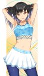  1girl armpits arms_up bangs black_hair blue_legwear breasts brown_eyes cowboy_shot fitness_boxing hands_in_hair highres holding holding_hair long_hair looking_at_viewer medium_breasts midriff navel open_mouth pantyhose serizawa_(serizawaroom) skirt solo tank_top 