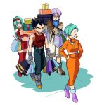  2boys 2girls ankle_boots aqua_hair arms_at_sides bag belt black_hair blue_eyes blue_neckwear boots box bra_(dragon_ball) bracelet brother_and_sister brown_footwear brown_gloves bulma cargo_shorts carrying_over_shoulder closed_eyes closed_mouth collarbone dragon_ball dragon_ball_gt earrings elbow_gloves family father_and_daughter father_and_son fingerless_gloves frown full_body gloves grey_footwear grey_gloves hairband hands_on_hips holding holding_box jacket jewelry lado_(rado) leaning_to_the_side light_smile long_hair long_skirt looking_to_the_side mother_and_daughter mother_and_son multiple_boys multiple_girls neckerchief necklace orange_skirt pants pearl_necklace purple_footwear purple_hair red_footwear red_gloves red_hairband red_skirt shoes shopping_bag short_hair shorts siblings simple_background skirt socks spiked_hair standing tank_top thigh_boots thighhighs triangle_earrings trunks_(dragon_ball) turtleneck vegeta very_short_hair walking white_background wrinkles zettai_ryouiki 