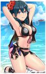  1girl absurdres armpits arms_behind_head arms_up artist_name bangs bare_shoulders beach bikini black_bikini black_cape black_footwear blue_eyes blue_hair blue_sky breasts byleth_(fire_emblem) byleth_(fire_emblem)_(female) cape cleavage cloud commentary dagger day diffraction_spikes eyebrows_visible_through_hair fire_emblem fire_emblem:_three_houses fire_emblem_heroes flower hair_between_eyes hair_flower hair_ornament highres horizon kneeling large_breasts lens_flare light_blush long_hair looking_at_viewer midriff navel ocean outdoors parted_lips sandals sarukaiwolf sidelocks sky smile solo sparkle sunlight swimsuit weapon wet 