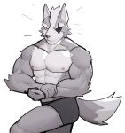  2021 abs anthro biceps canid canine canis closed_smile clothing eye_patch eyewear flexing fur grey_body grey_fur grin hi_res jrjresq looking_at_viewer male mammal muscular muscular_anthro muscular_male nintendo nipples pecs quads red_eyes simple_background smile solo star_fox triceps underwear video_games white_background wolf wolf_o&#039;donnell 