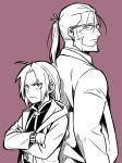  2boys ahoge back-to-back beard closed_mouth crossed_arms edward_elric facial_hair fullmetal_alchemist glasses greyscale highres jacket long_hair long_sleeves male_focus monochrome multiple_boys ponytail purple_background simple_background tsumumi_(kandume103) van_hohenheim 