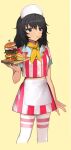  1girl alternate_costume andou_(girls_und_panzer) black_hair blush commentary eyebrows_visible_through_hair food food_in_mouth french_fries girls_und_panzer grey_eyes hamburger holding holding_tray messy_hair neckerchief shirt simple_background skirt striped striped_shirt striped_skirt tan3charge thighhighs tray waitress zettai_ryouiki 