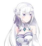  1girl braid breasts cleavage clothing_cutout crown_braid detached_collar emilia_(re:zero) eyebrows_visible_through_hair floating_hair flower hair_flower hair_ornament hair_ribbon long_hair lowres medium_breasts parted_lips pointy_ears purple_eyes purple_ribbon re:zero_kara_hajimeru_isekai_seikatsu ribbon shoulder_cutout shumiko_(kamenokoueki) silver_hair simple_background solo upper_body very_long_hair white_background white_flower 