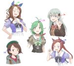  animal_ears antenna_hair aqua_eyes aqua_hair arrow_(symbol) blazer bob_cut brown_eyes brown_hair brown_hairband brown_jacket cardigan closed_eyes dress ear_covers ear_ribbon gloria_(pokemon) green_eyes green_hair green_neckwear green_ribbon grey_cardigan hair_intakes hair_ornament hair_over_shoulder hairband hairclip hat hooded_cardigan horse_ears horse_girl jacket kantai_collection kawashina_(momen_silicon) king_halo long_hair looking_at_viewer matsu_(kancolle) pokemon pokemon_(game) pokemon_swsh ponytail purple_dress purple_eyes red_neckwear remodel_(kantai_collection) ribbon sailor_collar sailor_shirt sakura_bakushin_o school_uniform serafuku shirt short_hair suzuya_(kancolle) tam_o&#039;_shanter tracen_school_uniform trait_connection umamusume upper_body v white_background white_sailor_collar 