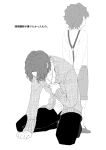  2boys back-to-back child fate/zero fate_(series) father_and_son highres male_focus matou_byakuya matou_shinji monochrome multiple_boys ronpaxronpa short_hair shorts squatting suspenders sweater translation_request wavy_hair younger 