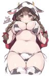  1girl animal_hood animal_print bell bikini blush braid breasts brown_eyes brown_hair capelet cleavage closed_mouth cow_horns cow_print cow_tail cowbell cropped_legs dated eyebrows_visible_through_hair hair_between_eyes hood hooded_capelet horns kantai_collection large_breasts long_hair looking_at_viewer micro_bikini navel odawara_hakone shinshuu_maru_(kancolle) side-tie_bikini simple_background solo string_bikini swimsuit tail thighhighs twin_braids twitter_username underboob white_background white_bikini white_legwear 
