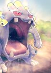  absurdres blurry clenched_hand commentary day exploud fangs gen_3_pokemon higa-tsubasa highres no_humans open_mouth outdoors pokemon pokemon_(creature) solo standing tongue 