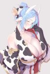  1girl animal_ears animal_print bangs bare_shoulders black_gloves blue_hair blush breasts cleavage cleavage_reach collarbone cow_ears cow_horns cow_print detached_sleeves draph elbow_gloves glasses gloves granblue_fantasy hair_bun horns ion_(cation) large_breasts long_hair looking_at_viewer parted_bangs shatola&#039;s_mother_(granblue_fantasy) white-framed_eyewear wide_sleeves yellow_eyes 