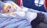  1girl ahoge arcueid_brunestud arm_behind_head arm_up arms_up bangs bed blonde_hair breasts full_moon large_breasts looking_at_viewer lying moon on_back pantyhose pleated_skirt red_eyes rinko_riban short_hair skirt smile solo sweater tsukihime white_sweater 