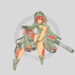  1girl apocalypse_(command_&amp;_conquer:red_alert_3) black_gloves blush breasts brown_eyes cannon caterpillar_tracks center_opening cleavage command_and_conquer command_and_conquer:_red_alert_3 dark_skin dark_skinned_female floating gloves grey_background highres looking_at_viewer mecha_musume medium_breasts navel open_hands personification red_hair solo tan widyo_adiputra 