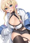  +_+ 1girl anchor_symbol azur_lane black_shorts blonde_hair blue_eyes breasts brown_legwear cleavage coat cross_hair_ornament hair_between_eyes hair_ornament large_breasts long_sleeves looking_at_viewer marblehead_(azur_lane) multicolored_hair ootani_nonno open_clothes open_coat open_mouth purple_hair short_hair_with_long_locks short_shorts shorts simple_background skindentation thigh_strap thighhighs two-tone_hair white_background 