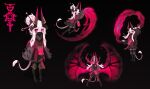  1girl absurdres alexis_pflaum black_background boots character_sheet cloak colored_skin dagger demon_girl demon_horns demon_tail demon_wings empty_eyes english_commentary full_body glowing glowing_eyes highres horns magic ninja_mask original pink_hair pink_skin pointy_ears red_eyes sorceress tail thigh_boots thighhighs weapon wings 