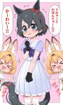  &gt;_&lt; 2girls :3 animal_ear_fluff animal_ears black_hair blonde_hair blouse blue_eyes bow bowtie check_translation cosplay ear_ribbon fang flying_sweatdrops gloves hair_ribbon heart heart_in_mouth highres horse_ears horse_tail kaban_(kemono_friends) kemono_friends kemonomimi_mode medium_skirt multiple_girls no_hat no_headwear purple_blouse ransusan ribbon school_uniform serval serval_(kemono_friends) serval_ears serval_print serval_tail short_hair skirt special_week special_week_(cosplay) tail thighhighs tracen_school_uniform translation_request umamusume 