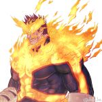  1boy bara beard blue_bodysuit blue_eyes bodysuit boku_no_hero_academia covered_abs covered_navel covered_nipples facial_hair fire large_pectorals looking_to_the_side male_focus mature_male muscular muscular_male ono_(ohno_ha) red_hair scar scar_across_eye short_hair sideburns solo spiked_hair todoroki_enji upper_body 