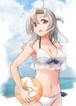  1girl ahoge ball bare_arms bare_shoulders beachball bikini breasts cleavage collarbone cowboy_shot eyebrows_visible_through_hair green_eyes grey_hair groin hair_between_eyes highres holding holding_ball kantai_collection kinugasa_(kancolle) large_breasts long_hair minosu navel ocean one_side_up open_mouth remodel_(kantai_collection) smile solo swimsuit white_bikini 
