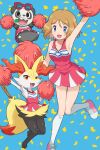  1girl :d absurdres arm_up armpits bangs bare_arms blue_background blue_eyes blue_ribbon braixen breasts cheerleader clothed_pokemon collarbone commentary_request confetti eyelashes gen_6_pokemon hand_up highres holding holding_pom_poms kneehighs knees knees_together_feet_apart leg_up light_brown_hair medium_hair open_mouth pancham pink_footwear pokemoa pokemon pokemon_(anime) pokemon_(creature) pokemon_xy_(anime) pom_poms ribbon serena_(pokemon) shiny shiny_skin shoes sleeveless smile sneakers sunglasses tongue white_legwear 