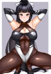  1girl azur_lane bare_shoulders black_hair black_legwear bodystocking border bow breasts brown_eyes cleavage cleavage_cutout clothing_cutout elbow_gloves gloves grey_background hair_bow hair_flaps highres large_breasts leotard logo long_hair looking_at_viewer muta_poo pantyhose ponytail race_queen solo squatting takao_(azur_lane) takao_(full_throttle_charmer)_(azur_lane) two-tone_background two-tone_leotard white_border white_bow 