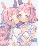  2girls :d animal_ear_fluff animal_ears blue_bow blue_choker blush bow braid brown_eyes bunny_ears choker closed_mouth collarbone commentary dress frilled_choker frills grey_background hair_bow highres hug jewelry kouhara_yuyu long_hair looking_at_viewer looking_back multiple_girls open_mouth original pendant pink_hair puffy_short_sleeves puffy_sleeves short_sleeves simple_background sleeveless sleeveless_dress smile symbol_commentary very_long_hair white_dress wrist_cuffs 