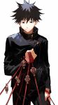  1boy absurdres black_eyes black_hair black_jacket black_pants buttons charm_(object) clenched_hand cowboy_shot fushiguro_megumi gakuran highres holding holding_rope jacket jujutsu_kaisen looking_down male_focus newo_(shinra-p) pants red_rope rope school_uniform short_hair simple_background solo spiked_hair white_background 