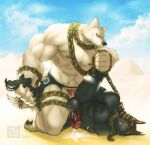  2016 abs anal anal_penetration anthro anubian_jackal anubis balls biceps big_muscles bodily_fluids canid canine canis chain cum cum_in_ass cum_inside cum_on_ground deity duo egyptian_mythology eyes_closed fur genital_fluids genitals hi_res jackal male male/male male_penetrated male_penetrating male_penetrating_male mammal middle_eastern_mythology muscular muscular_anthro muscular_male mythology nipples outside pecs penetration penis shadowwow white_body white_fur wolf 