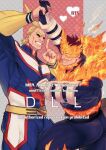  2boys antenna_hair ass bara beard between_pecs blonde_hair blue_bodysuit blue_eyes bodysuit boku_no_hero_academia bulge couple cover cover_page covered_abs doujin_cover english_text facial_hair fiery_hair finger_to_mouth fire frown heart holding_hands index_finger_raised interlocked_fingers large_pectorals looking_at_viewer male_focus mature_male multiple_boys muscular muscular_male ono_(ohno_ha) pectorals red_hair repost_notice short_hair shushing sideburns spiked_hair sweatdrop thick_thighs thighs todoroki_enji yaoi 