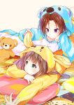  2girls animal_costume bed blanket blonde_hair blue_eyes blush brown_hair closed_mouth hibike!_euphonium hood indoors komugiko long_hair looking_at_another looking_away looking_to_the_side lying multiple_girls nakagawa_natsuki on_stomach onesie pajamas pillow pout purple_eyes smile stuffed_animal stuffed_toy teddy_bear yoshikawa_yuuko 