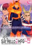  3boys antenna_hair arms_at_sides bara beard belt black_belt blonde_hair blue_bodysuit blue_eyes bodysuit boku_no_hero_academia bulge cover cover_page covered_abs english_text facial_hair feet_out_of_frame fiery_hair fire grin large_pectorals looking_at_viewer male_focus mature_male multiple_boys muscular muscular_male ono_(ohno_ha) red_hair short_hair sideburns smile spiked_hair thick_thighs thighs todoroki_enji todoroki_shouto v 