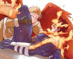  2boys bara beard between_legs blonde_hair blue_bodysuit blue_eyes bodysuit boku_no_hero_academia couple covered_abs eye_contact facial_hair feathered_wings fire from_side hawks_(boku_no_hero_academia) knee_up large_pectorals looking_at_another lying male_focus mature_male multiple_boys muscular muscular_male on_back red_hair red_wings sakanagi_(dc_saka) scar scar_across_eye short_hair sideburns spiked_hair staring stubble sweatdrop thick_thighs thigh_grab thighs todoroki_enji wings yaoi 