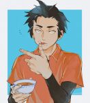  1boy black_hair collared_shirt commentary_request cup half-closed_eyes kabu_(pokemon) male_focus orange_shirt p-40_(tukinosita-de) pokemon pokemon_(game) pokemon_swsh shirt short_hair short_sleeves solo tea teacup tongue tongue_out undershirt upper_body white_eyes younger 