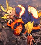  2boys antenna_hair bara beard blonde_hair blood blood_on_face blue_bodysuit blue_eyes bodysuit boku_no_hero_academia bulge couple debris embers facial_hair feet_out_of_frame fiery_hair fire hand_on_another&#039;s_chest injury large_pectorals lying male_focus mature_male multiple_boys muscular muscular_male on_back on_person ono_(ohno_ha) protecting red_hair short_hair sideburns spiked_hair thick_thighs thighs todoroki_enji yaoi 