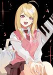  1girl :d ahoge akamatsu_kaede bangs beamed_eighth_notes blonde_hair breasts cowboy_shot danganronpa_(series) danganronpa_v3:_killing_harmony eighth_note hair_ornament hand_on_own_knee highres instrument kakeami keyboard_(instrument) long_hair long_sleeves looking_at_viewer medium_breasts musical_note musical_note_hair_ornament necktie open_mouth pleated_skirt purple_eyes school_uniform shirt sitting skirt smile solo sweater_vest white_shirt 