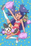  1girl absurdres arm_up axew bangs bare_arms blue_background body_blush brown_eyes cheerleader clothed_pokemon commentary_request confetti dark_skin dark_skinned_female emolga eyebrows_visible_through_hair eyelashes gen_5_pokemon highres holding holding_pom_poms iris_(pokemon) kneehighs kneepits leg_up long_hair navel open_mouth pink_footwear pink_shirt pokemoa pokemon pokemon_(anime) pokemon_(creature) pokemon_bw_(anime) pom_poms purple_hair shiny shiny_skin shirt shoes sleeveless sleeveless_shirt smile sneakers teeth tongue v-neck very_long_hair white_legwear 