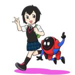  1girl \m/ backpack bag black_hair black_legwear blush breasts highres necktie open_mouth parody peni_parker pleated_skirt school_uniform shirt shoes short_hair short_sleeves skirt smile socks spider-man:_into_the_spider-verse spider-man_(series) style_parody sweater_vest ueyama_michirou white_shirt 