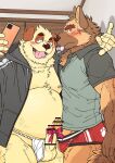  2021 anthro asian_clothing balls blush canid canine canis clothing domestic_dog duo east_asian_clothing erection fundoshi genitals hi_res hoodie humanoid_genitalia humanoid_hands humanoid_penis japanese_clothing kemono male male/male mammal overweight overweight_male penis phone ryuta-h shirt tongue tongue_out topwear underwear 