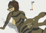  anthro breasts butt claws eyeliner feet female fin fish hair looking_at_viewer looking_back lying makeup marine meris_(tc) multicolored_hair non-mammal_breasts paws scalie shadow shark shark_tail solo striped_body stripes tac-cat teeth teeth_showing 