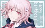  1girl artist_name bangs black_shirt collared_shirt commentary_request danganronpa_(series) danganronpa_2:_goodbye_despair dated eyebrows_visible_through_hair face grin happy_birthday highres hood medium_hair nanami_chiaki neck_ribbon pale_skin pink_eyes pink_hair pink_ribbon portrait revision ribbon shirt smile solo spaceship_hair_ornament tetose white_shirt 