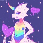  1:1 anthro areola breasts crystal dialogue disgust dragon female genitals hi_res horn milkshake-lion nipples pussy rainbow scales skinny solo sparkles spikes 
