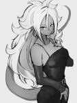  1girl alternate_costume android_21 belt blue_eyes breasts cleavage closed_mouth collarbone dragon_ball dragon_ball_fighterz dress earrings grey_background greyscale hair_between_eyes hoop_earrings jewelry kemachiku long_hair looking_at_viewer majin_android_21 medium_breasts monochrome simple_background solo tail 