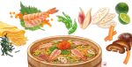  bowl carrot chirashi_(food) edamame_(food) food food_focus fruit ikura_(food) leaf lime_(fruit) lime_slice lotus_root meat mushroom no_humans noodles omelet onion original peas realistic roe seafood seaweed shrimp simple_background still_life sushi tamagoyaki vegetable waopwaop white_background 