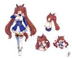  1girl :d animal_ears blue_neckwear boots bow bowtie breasts brown_hair chibi cleavage crossed_arms daiwa_scarlet epaulettes fang full_body hair_bow hair_intakes highres horse_ears horse_girl horse_tail kazana_(sakuto) large_breasts long_hair long_sleeves multiple_views one_eye_closed open_mouth pointing pointing_at_viewer red_bow red_eyes simple_background smile solo tail thigh_boots thighhighs tiara twintails umamusume upper_body very_long_hair white_background white_footwear 