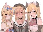  3girls animal_ears bangs black_bow blonde_hair blue_bow blue_eyes bow bowtie braid choker collarbone eyebrows_visible_through_hair facial_mark fox_ears hair_bow hat highres hololive horns kakult2017 long_hair looking_at_viewer maid maid_headdress multicolored_hair multiple_girls omaru_polka pink_hair pointy_ears purple_eyes red_eyes sailor_collar shiranui_flare simple_background single_braid streaked_hair two-tone_hair virtual_youtuber white_background yuzuki_choco 